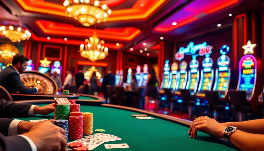 Exciting scene at QQ 88 casino featuring poker, roulette, and vibrant slot machines in a luxurious setting.