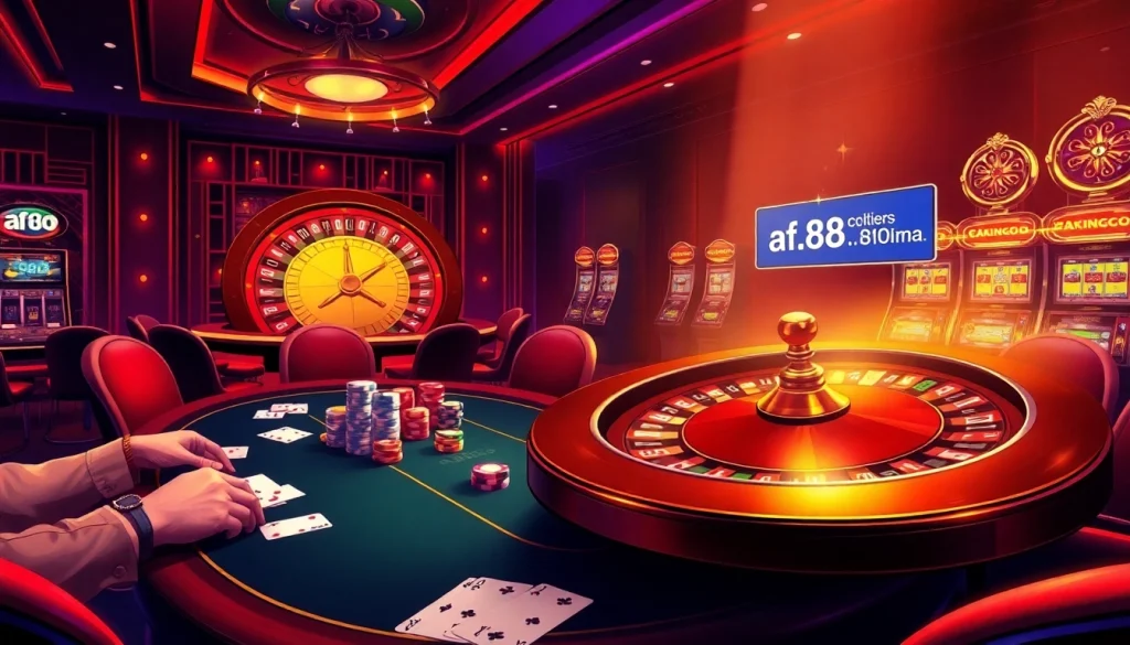 Players enjoying a high-stakes poker game at a luxurious casino, showcasing the allure of https://af88.mba/ for online gambling.