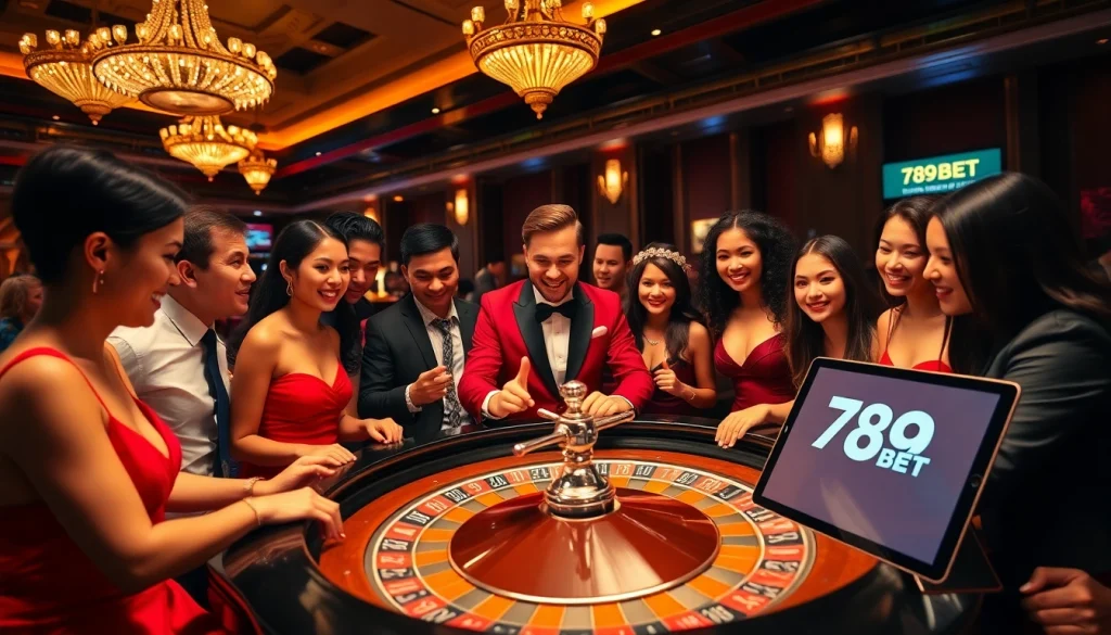 Players enjoy the thrill of a roulette game at 789BET’s luxurious casino, capturing excitement and elegance.