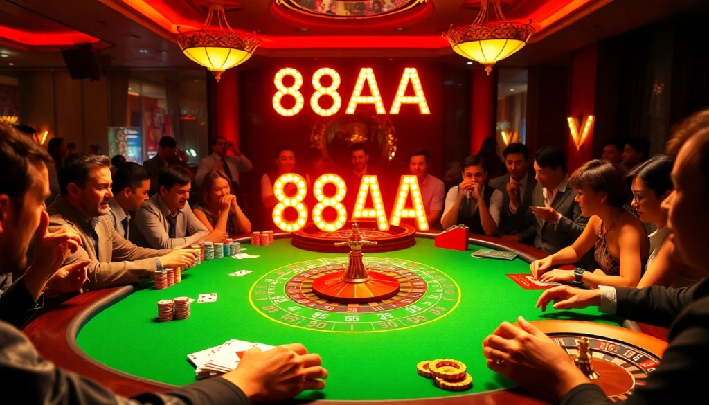 Players engrossed in poker at a casino table with 88AA banner overhead, highlighting thrilling betting action.