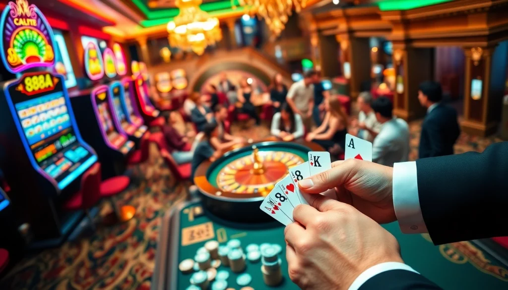 Guests enjoy a thrilling night at the casino with 88AA poker chips amidst vibrant slot machines.