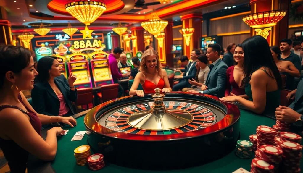 A lively casino scene where players engage in thrilling roulette games, featuring '88AA đăng nhập' on a digital display, emphasizing an exciting gambling experience.