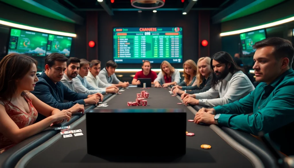 Engaged players participating in Online poker kr ly at a modern poker table with vibrant lighting.