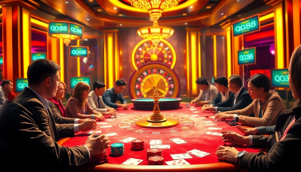 Take part in thrilling casino games with qq88 đăng nhập at vibrant tables packed with players, chips, and cards.