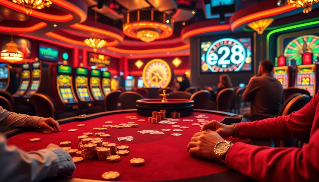 Experience high-stakes action at the e28 poker table featuring golden chips and vibrant cards.