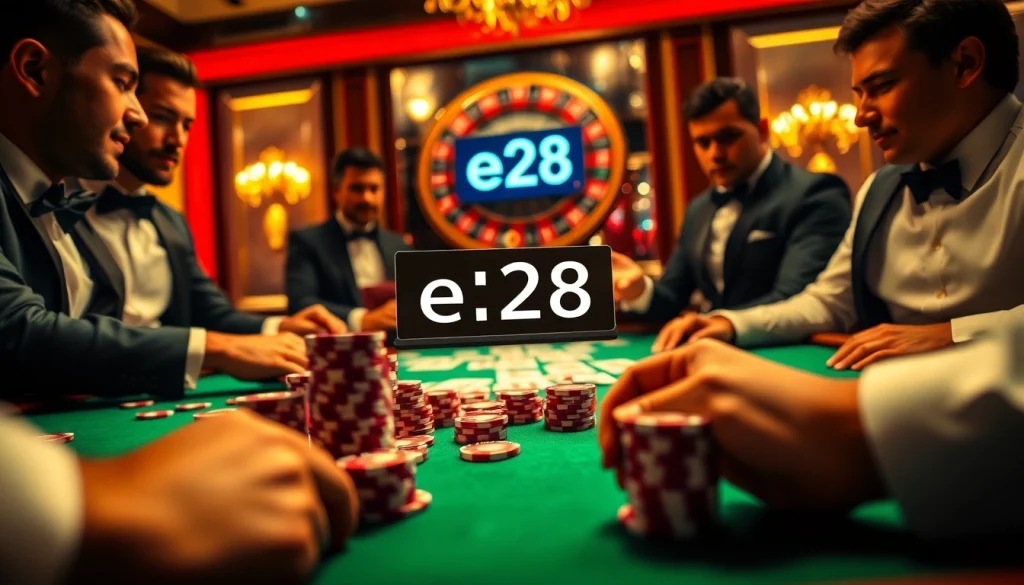 An exciting poker game scene in a casino showcasing players with e28 betting options, vibrant poker chips, and a roulette wheel.
